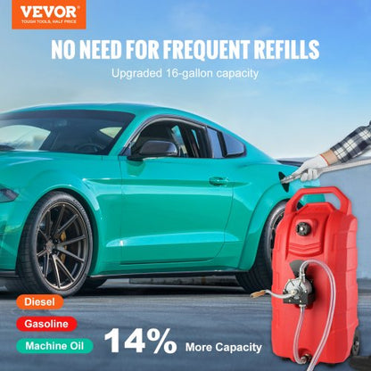 16 Gallon Fuel Caddy, 7,8 L/min, bärbar gastankbehållare med handpump gummihjul, bränsleöverföringslagringstank för bensin Dieselmaskin Oljeklippare Traktorbåt Motorcykel |  EU