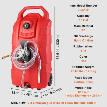16 Gallon Fuel Caddy, 7,8 L/min, bärbar gastankbehållare med handpump gummihjul, bränsleöverföringslagringstank för bensin Dieselmaskin Oljeklippare Traktorbåt Motorcykel |  EU