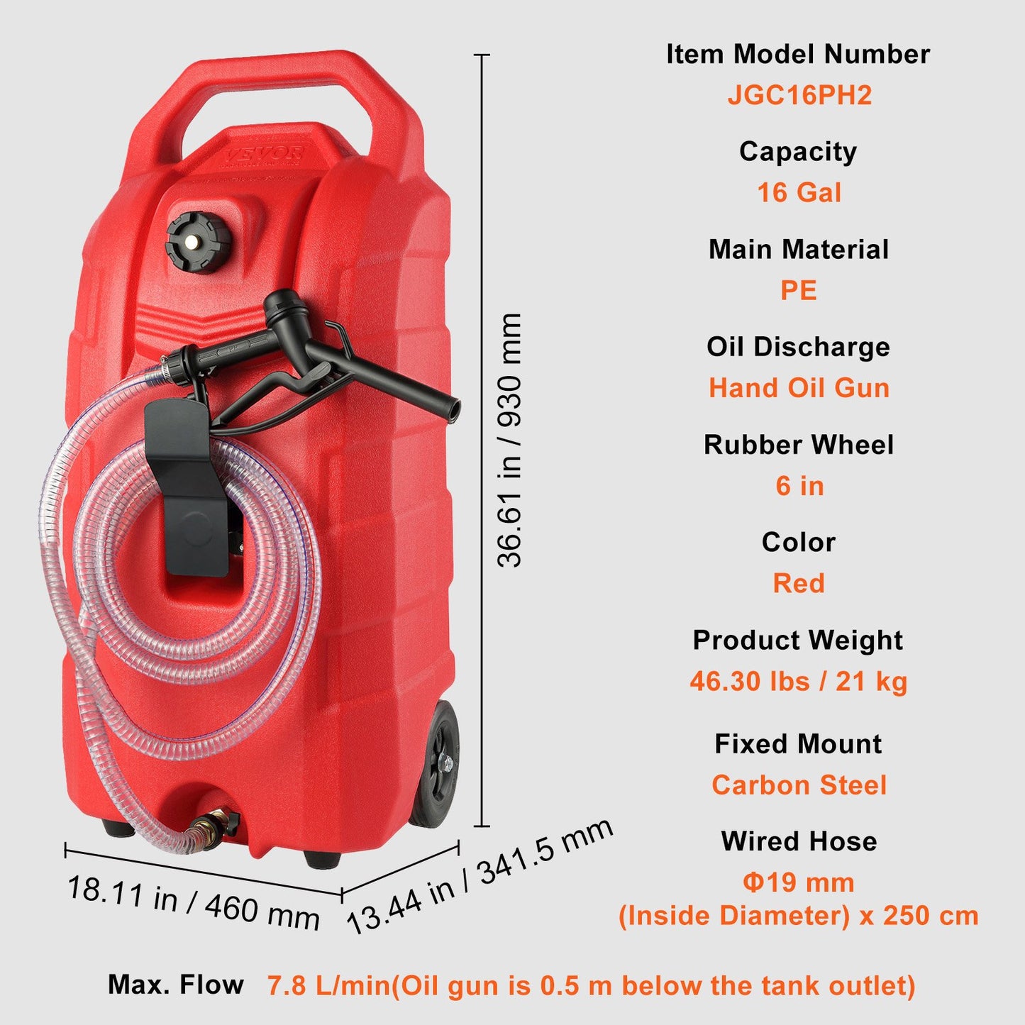 16 Gallon Fuel Caddy, 7,8 L/min, bärbar gastankbehållare med handpump gummihjul, bränsleöverföringslagringstank för bensin Dieselmaskin Oljeklippare Traktorbåt Motorcykel