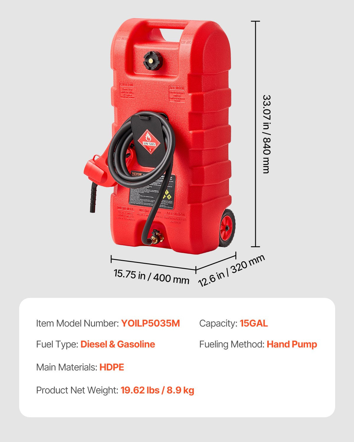 Fuel Caddy 15 Gallon Portable Fuel Tank with Gravity and Hand Pump Modes