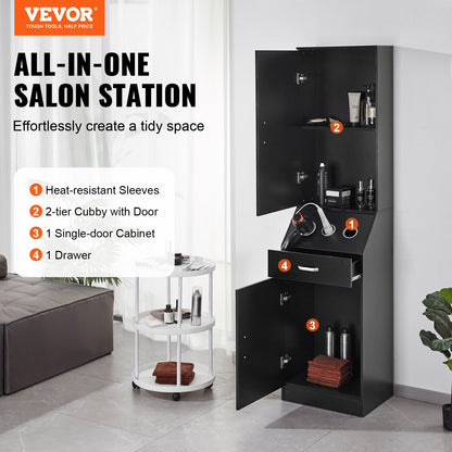 Salon Förvaringsskåp, Frisörsalong Station för frisör, Hårstylist Station Set, med 3 hårtorkhållare, skåp och en låda, svart