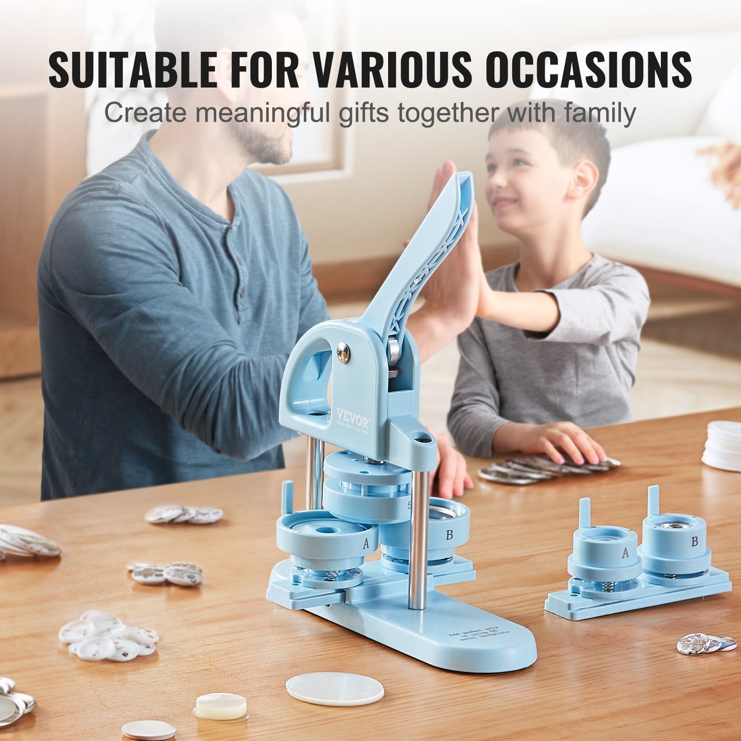 Button Maker, 1/1,25/2,28 tum (25/32/58 mm) 3-I-1 Pin Maker, 300st knappdelar, Button Maker Machine med Panda Magic Book, Ergonomiskt båghandtag Punch Press Kit, För barn DIY-presenter, Blå