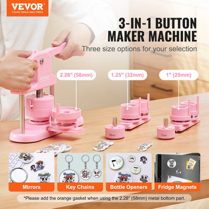 Button Maker, 1/1,25/2,28 tum(25/32/58 mm) 3-I-1 Pin Maker, 300st knappdelar, Button Maker Machine med Panda Magic Book, Ergonomiskt båghandtag Punch Press Kit, För barn DIY-presenter, Rosa