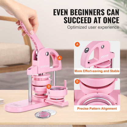 Button Maker, 1/1,25/2,28 tum(25/32/58 mm) 3-I-1 Pin Maker, 300st knappdelar, Button Maker Machine med Panda Magic Book, Ergonomiskt båghandtag Punch Press Kit, För barn DIY-presenter, Rosa