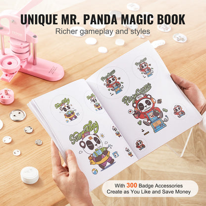 Button Maker, 1/1,25/2,28 tum(25/32/58 mm) 3-I-1 Pin Maker, 300st knappdelar, Button Maker Machine med Panda Magic Book, Ergonomiskt båghandtag Punch Press Kit, För barn DIY-presenter, Rosa