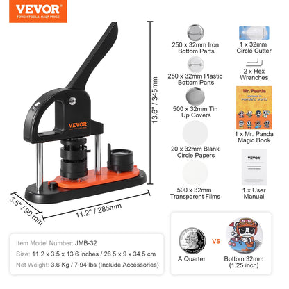 Button Maker Machine, 1,25 tum/32 mm Pin Maker, Installationsfri Badge Punch Press Kit, Barn DIY Gifts Button Making Supplies med 500 st knappdelar, Circle Cutter, Magic Book