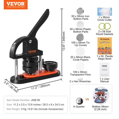 Button Maker Machine, 2,28 tum/58 mm Pin Maker, Installationsfri Badge Punch Press Kit, Barn DIY Gifts Button Making Supplies med 100 st knappdelar, Circle Cutter, Magic Book