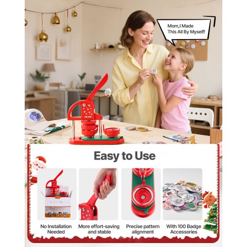 Knappmaskin, 58 mm, Plastnålstillverkare med 100 st knappdelar, Cirkelskärare och Insexnycklar, Förstärkt Ergonomiskt Handtag, För DIY-Brickor, Personliga Nålar och Nyckelringar, Röd |  EU