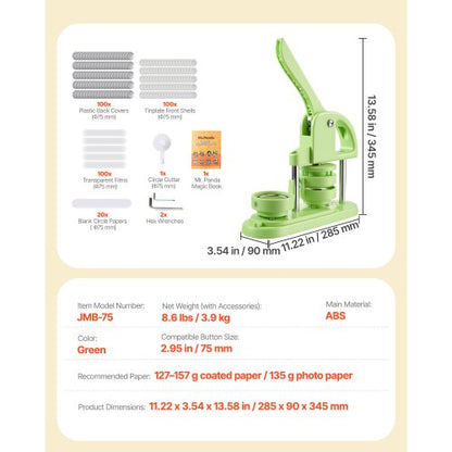 Knappmaskin, 75 mm, Plastnålstillverkare med 100 st knappdelar, Cirkelskärare och Magisk Bok, Förstärkt Ergonomiskt Handtag, För DIY-Brickor, Personliga Nålar och Nyckelringar, Grön |  EU