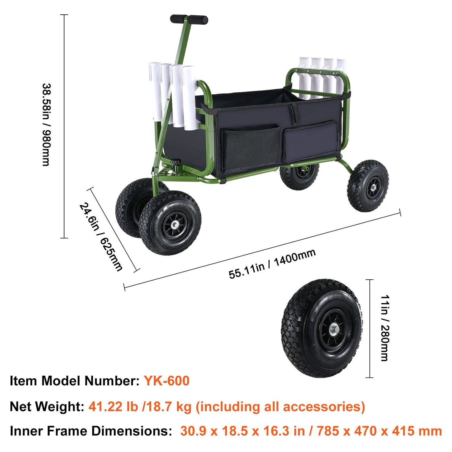 Beach Fishing Cart, 300 lbs lastkapacitet, hopfällbar fisk- och marinvagn med fyra 11" stora hjul gummiballongdäck för sand, tunga stålpirvagnsvagnar med 8 spöhållare för picknick