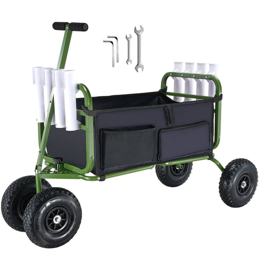 Beach Fishing Cart, 300 lbs lastkapacitet, hopfällbar fisk- och marinvagn med fyra 11" stora hjul gummiballongdäck för sand, tunga stålpirvagnsvagnar med 8 spöhållare för picknick