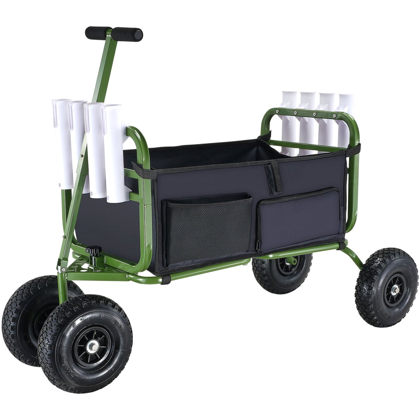 Beach Fishing Cart, 300 lbs lastkapacitet, hopfällbar fisk- och marinvagn med fyra 11" stora hjul gummiballongdäck för sand, tunga stålpirvagnsvagnar med 8 spöhållare för picknick