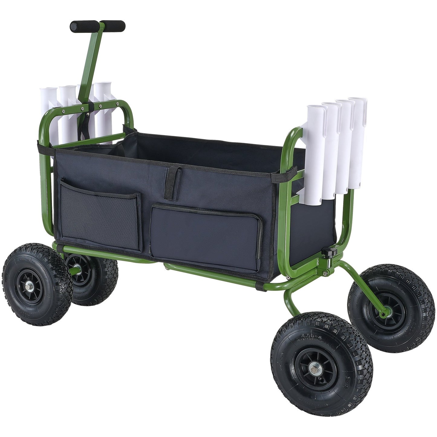 Beach Fishing Cart, 300 lbs lastkapacitet, hopfällbar fisk- och marinvagn med fyra 11" stora hjul gummiballongdäck för sand, tunga stålpirvagnsvagnar med 8 spöhållare för picknick