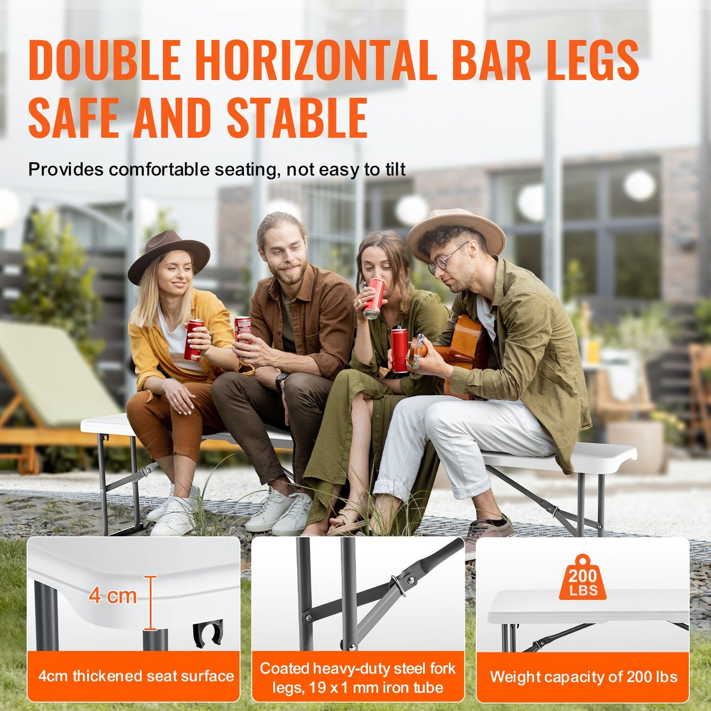 Fällbänk Plast Bärbar Utomhus Picknick Trädgård 183 cm Bänk Vit