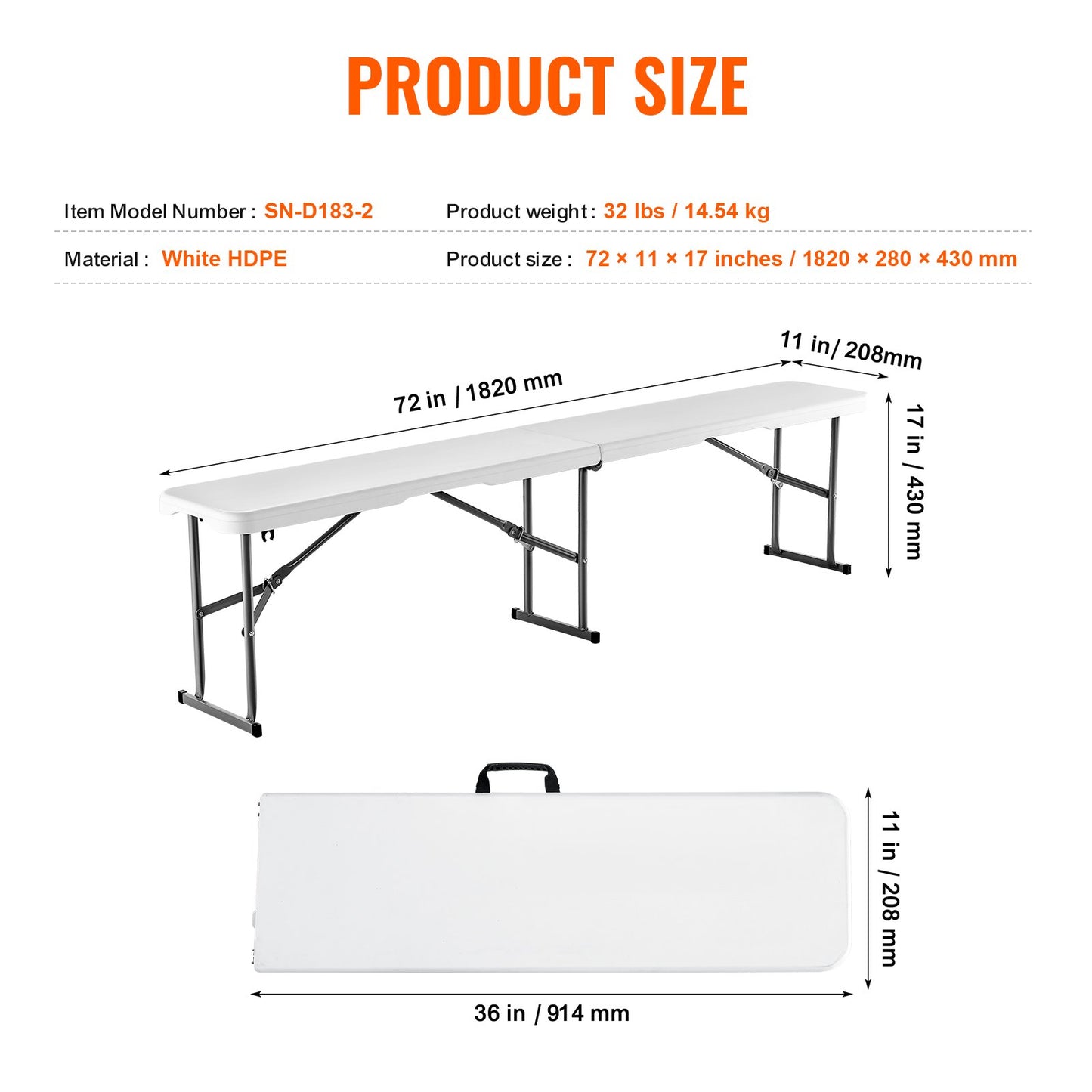 6FT Plastfällbar bänk Bärbar utomhusbänk för picknickcamping 2 st