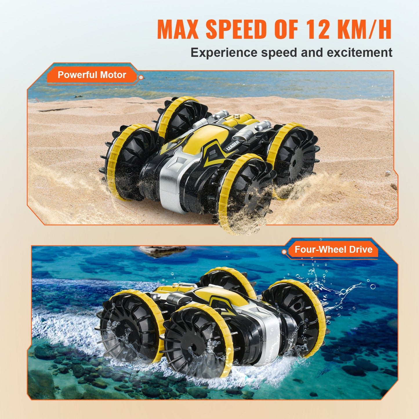 Amphibious Fjärrkontroll Bilbåt 2,4 GHz 4WD RC Båt Barn Vuxna Gul