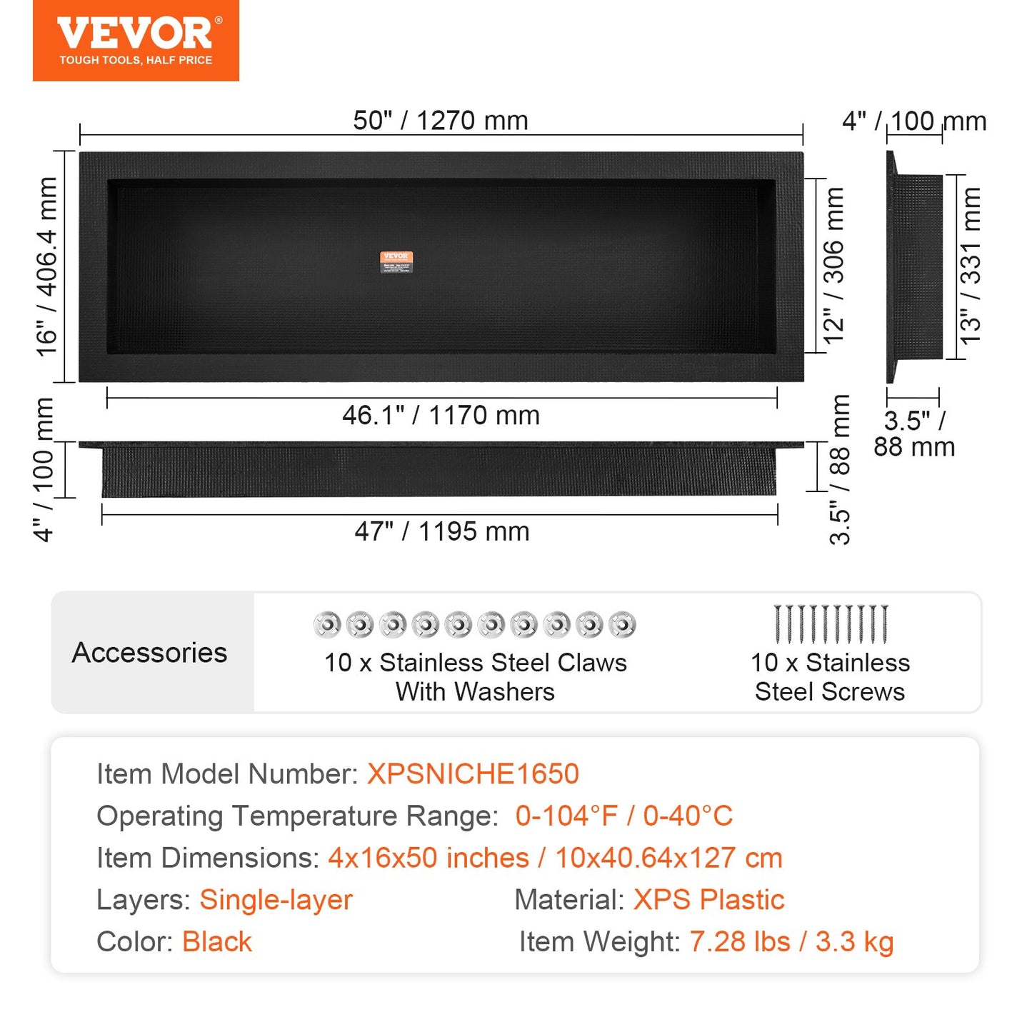 Duschnisch Klar för kakel 40,64 x 127 cm, Enstaka hyllplan, fyrkantiga hörn Vägginsatt nisch infälld, förseglat skydd Modern tvålförvaringsnisch för duschbadrum, svart