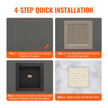 Duschnisch Klar för kakel 40,64 x 40,64 cm, Enstaka hyllplan, fyrkantiga hörn Vägginsatt nisch infälld, förseglat skydd Modern tvålförvaringsnisch för duschbadrum, svart