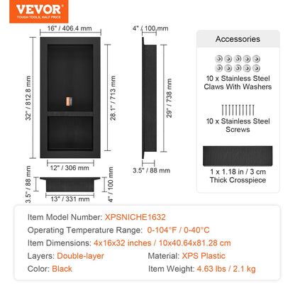 Shower Niche Tile Ready 40.64 x 81.28 cm, Double Shelf, Square Corners Wall-Mounted Niche Recessed, Sealed Cover Modern Soap Storage Niche for Shower Bathroom, Black