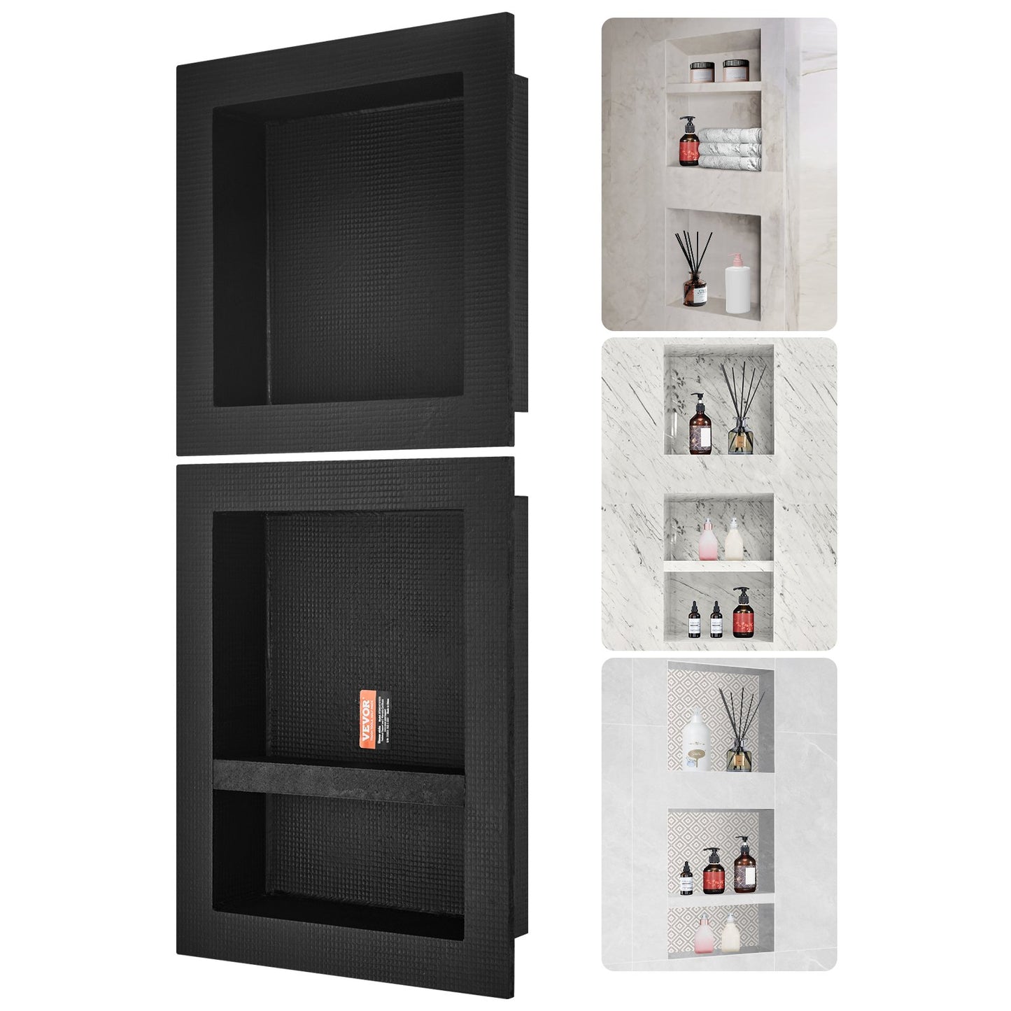 Duschnisch Klar för kakel 40,64x40,64cm & 40,64x50,8cm, Trippelhylla, Fyrkantiga hörn Vägginsatt nisch Infälld, förseglat skydd Modern tvålförvaringsnisch för duschbadrum, svart