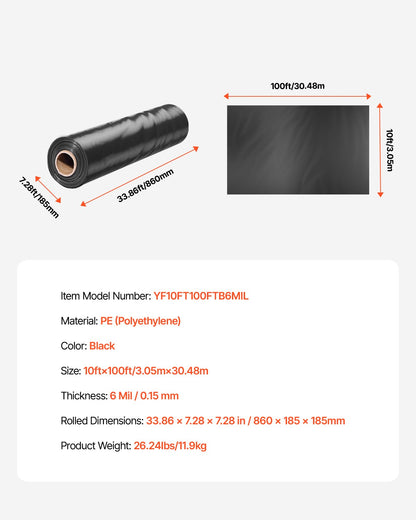 6Mil Plastic Wrap Roll 10 x 100 FT Heavy Duty Polyethylene Black