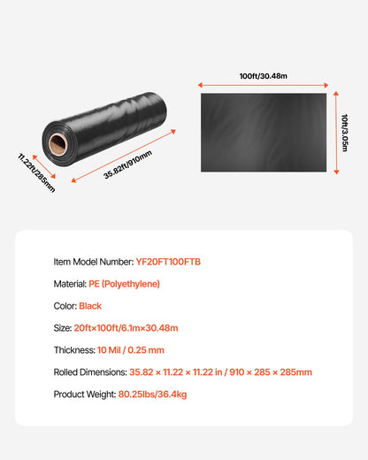 10Mil Plastic Wrap Roll 20 x 100 FT Heavy Duty Polyethylene Black