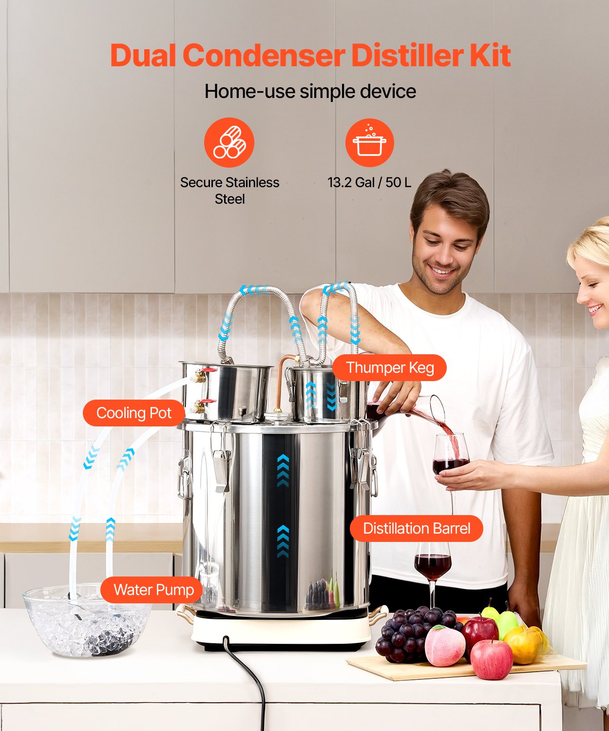 Moonshine Still Water Alcohol Distiller 13.2Gal w/ Thumper Keg &amp; Water Pump