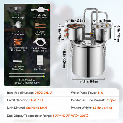 Moonshine Still Water Alcohol Distiller 5Gal with Thumper Keg &amp; 8W Water Pump