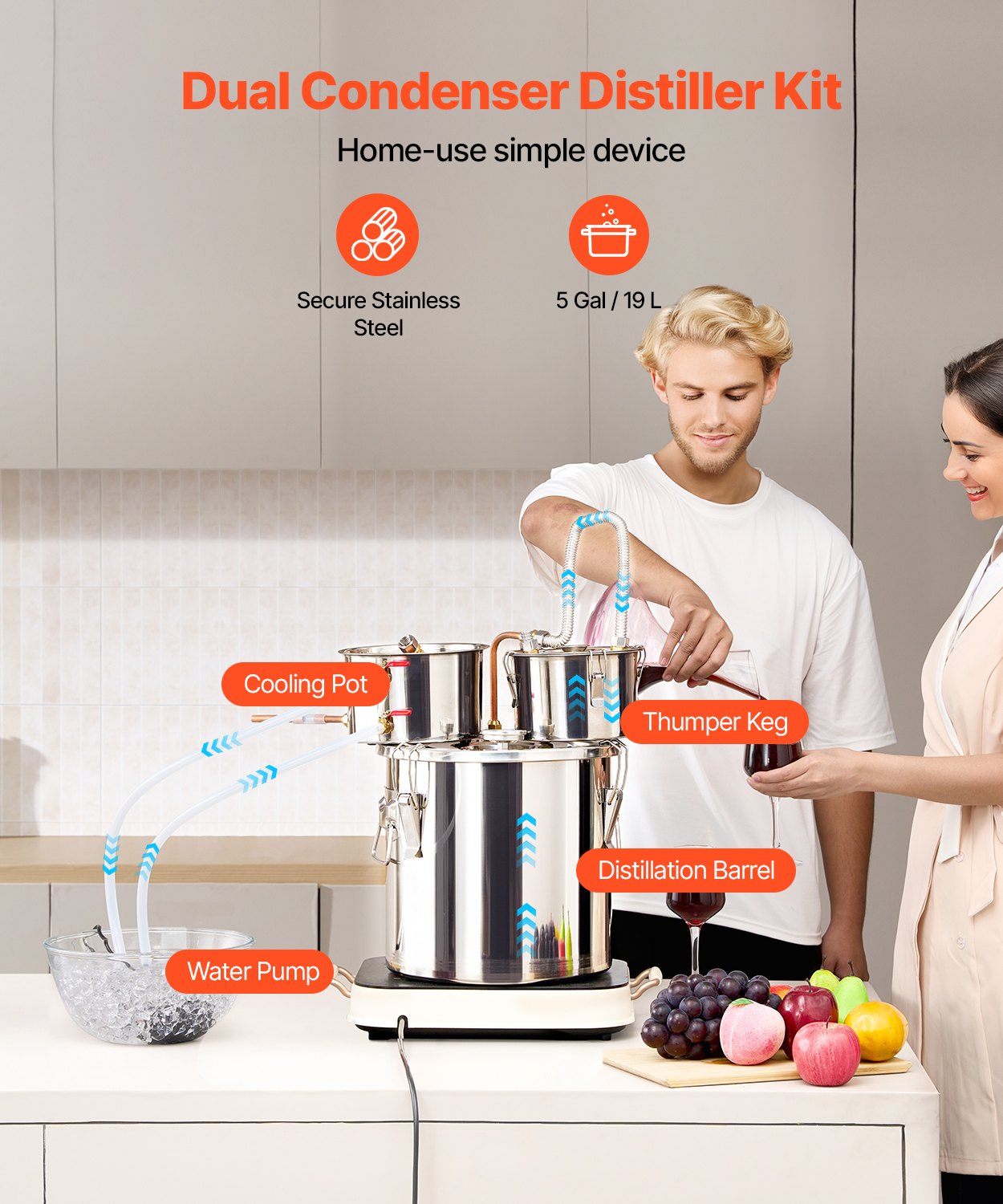 Moonshine Still Water Alcohol Distiller 5Gal with Thumper Keg &amp; 8W Water Pump