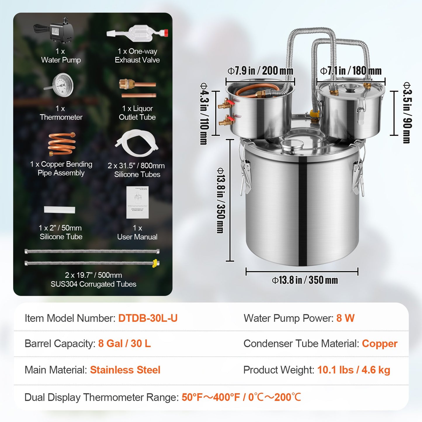 Moonshine Still Water Alcohol Distiller 8Gal w/Thumper Keg &amp; 8W Water Pump
