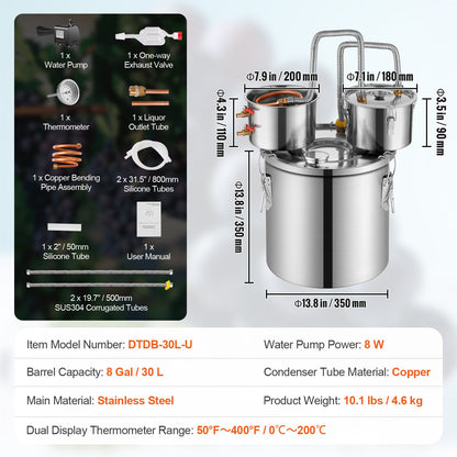 Moonshine Still Water Alcohol Distiller 8Gal w/Thumper Keg &amp; 8W Water Pump