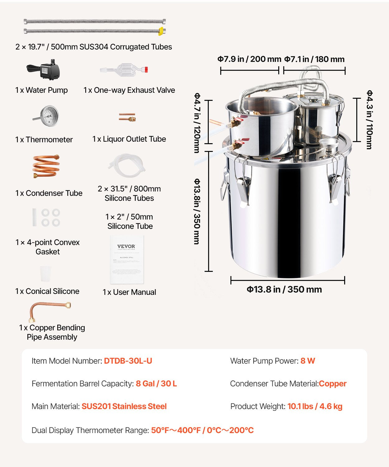 Moonshine Still Water Alcohol Distiller 8Gal w/Thumper Keg &amp; 8W Water Pump