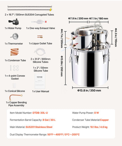 Moonshine Still Water Alcohol Distiller 8Gal w/Thumper Keg &amp; 8W Water Pump