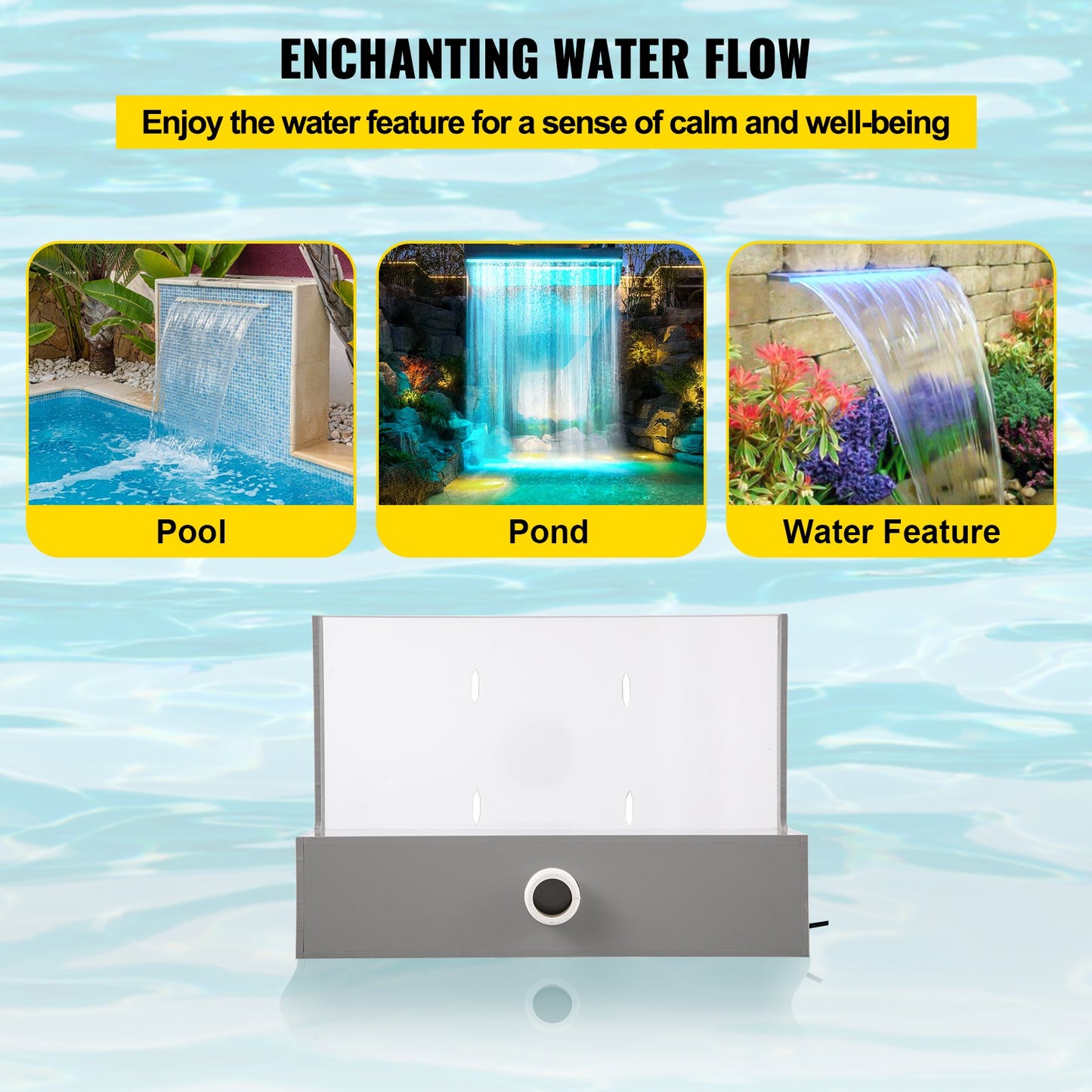 Pool Fountain Spillway 11.8x3.2x8.1 Inches, Fountain Spillway Blue Strip LED Light, Pool Waterfall Fountain Solid Acryl, Pool Waterfall for Garden Pond, Swimming Pool, Squares