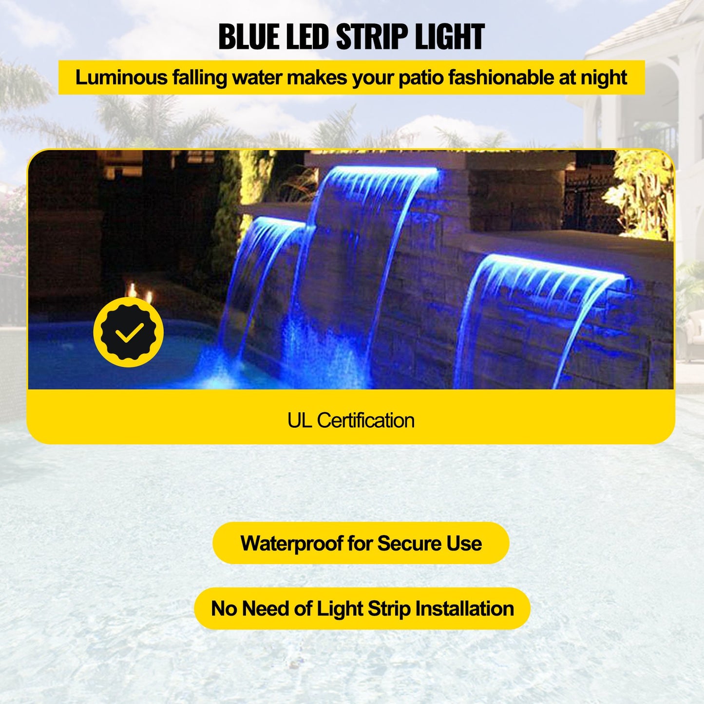 Pool Fountain Spillway 11.8x3.2x8.1 Inches, Fountain Spillway Blue Strip LED Light, Pool Waterfall Fountain Solid Acryl, Pool Waterfall for Garden Pond, Swimming Pool, Squares