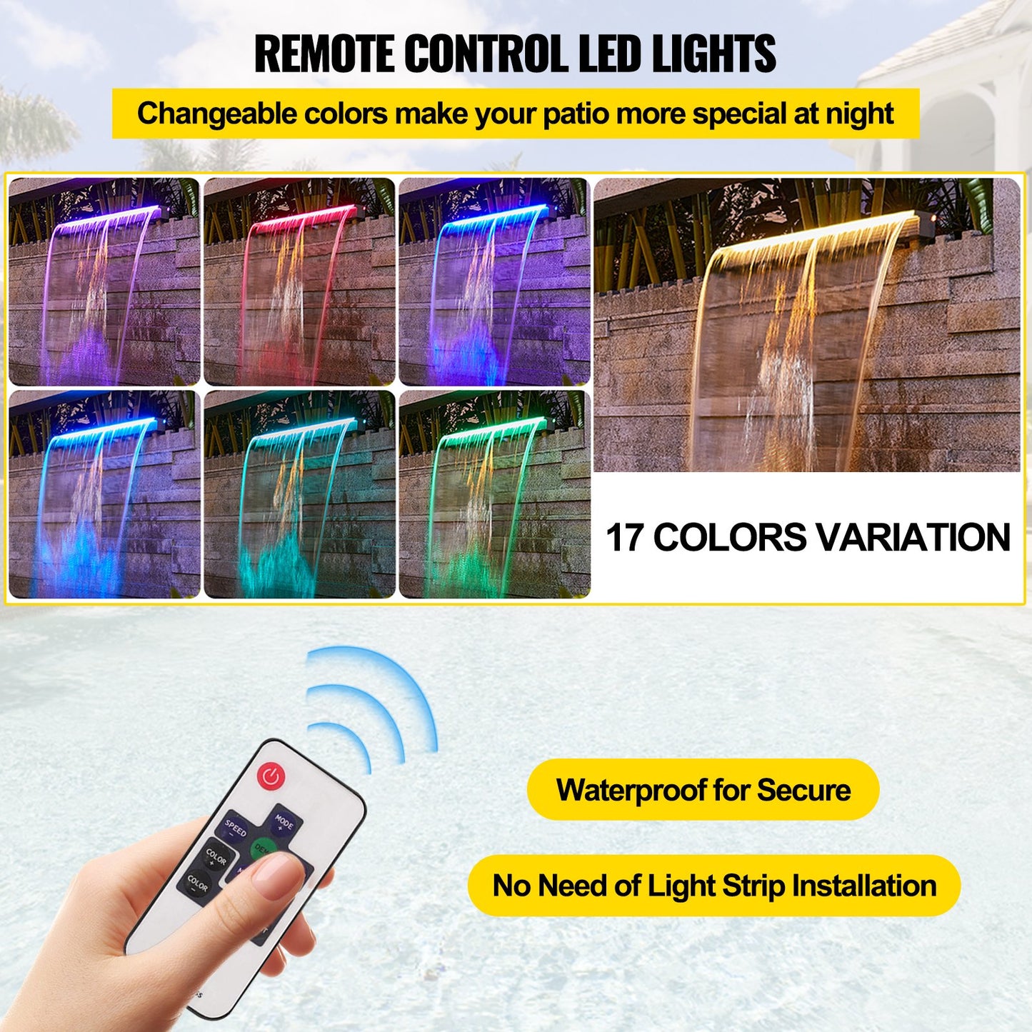 Fountain Spillway 36.2x3.2x8.1 Inch, Pool Waterfall Fountain 17 Colors Led, Pool Water Fall Kit with Remote Control, Pool Spillway Solid Acrylic Pool Waterfall for Garden Pond, Swimming Pool, Square
