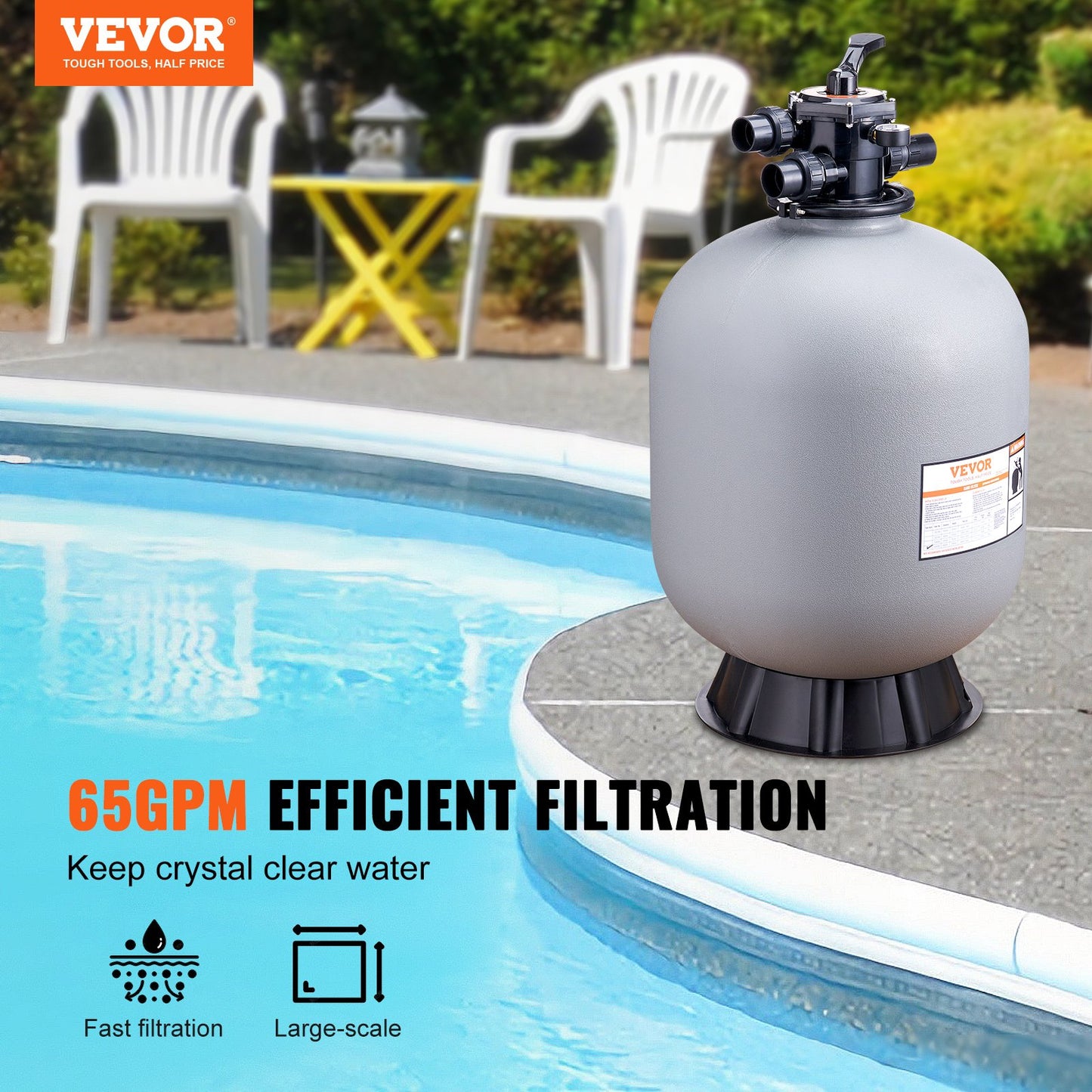 Sandfilter, 24 Zoll, bis zu 65 GPM Durchflussrate, oberirdisches Schwimmbecken-Sandfiltersystem mit 7-Wege-Mehrwegeventil, Filter-, Rückspül-, Spül-, Umwälz-, Abfall-, Winter- und geschlossene Funktionen