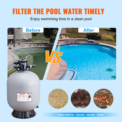 Sandfilter, 24 Zoll, bis zu 65 GPM Durchflussrate, oberirdisches Schwimmbecken-Sandfiltersystem mit 7-Wege-Mehrwegeventil, Filter-, Rückspül-, Spül-, Umwälz-, Abfall-, Winter- und geschlossene Funktionen