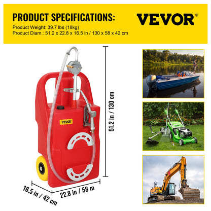 Fuel Caddy, 32 gallon, bärbar bränsletank på hjul, med manuell överföringspump, bensindieselbränslebehållare för bilar, gräsklippare, terränghjulingar, båtar, mer, röd