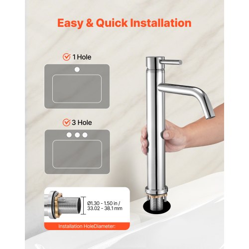Enkelgreppsblandare, Förkromad Silverfärgad Kökshandfat, Köksvattenblandare med 1 eller 3 hål och tryckknappsavlopp, Lämplig för Badrum, Husbil, Bar, Offentlig Toalett, Högbågsblandare |  EU