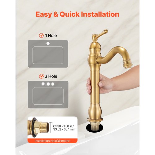 Enkelgreppsblandare för handfat, köksblandare i massiv mässing med enkelgrepp, köksblandare med 1 eller 3 hål och tryckknappsavlopp, lämplig för badrum, husbil, bar, offentlig toalett, design med anti-backflow |  EU