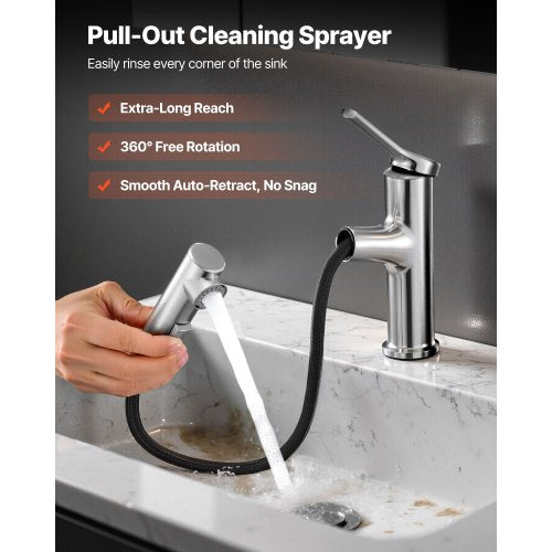 Enkelgreppsblandare för handfat, Utdragbar kran med ett eller tre hål, Tvättställsblandare i borstat nickel, rostfritt stål med tryckknapp, Lämplig för badrum, husbil, offentlig toalett, Blyfri |  EU