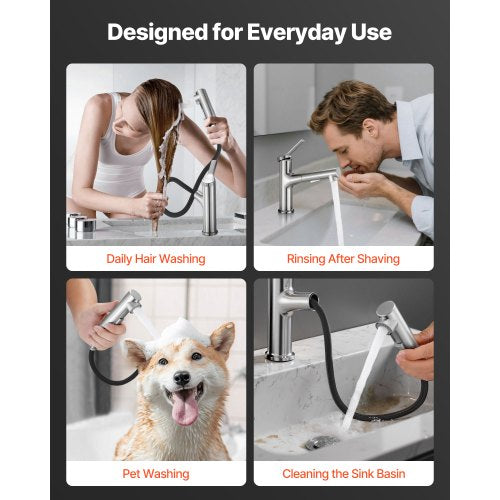 Enkelgreppsblandare för handfat, Utdragbar kran med ett eller tre hål, Tvättställsblandare i borstat nickel, rostfritt stål med tryckknapp, Lämplig för badrum, husbil, offentlig toalett, Blyfri |  EU