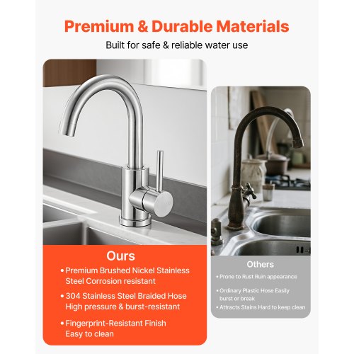 Enkelgreppsblandare för handfat, borstad nickel, enkelgreppsblandare för badrum, köksvattenblandare med stänkskydd, lämplig för badrum, husbil, bardiskho, offentlig toalett, hög pip |  EU