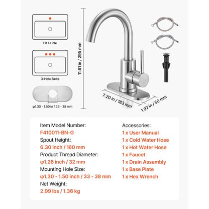 Enkelgreppsblandare för handfat, borstad nickel, enkelgreppsblandare för badrum, köksvattenblandare med stänkskydd, lämplig för badrum, husbil, bardiskho, offentlig toalett, hög pip |  EU