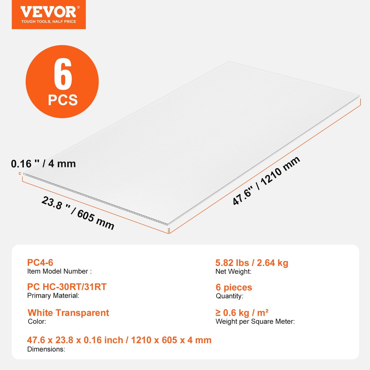 6-pack polycarbonate greenhouse panels 2' X 4' X 0.16'' roof sheets
