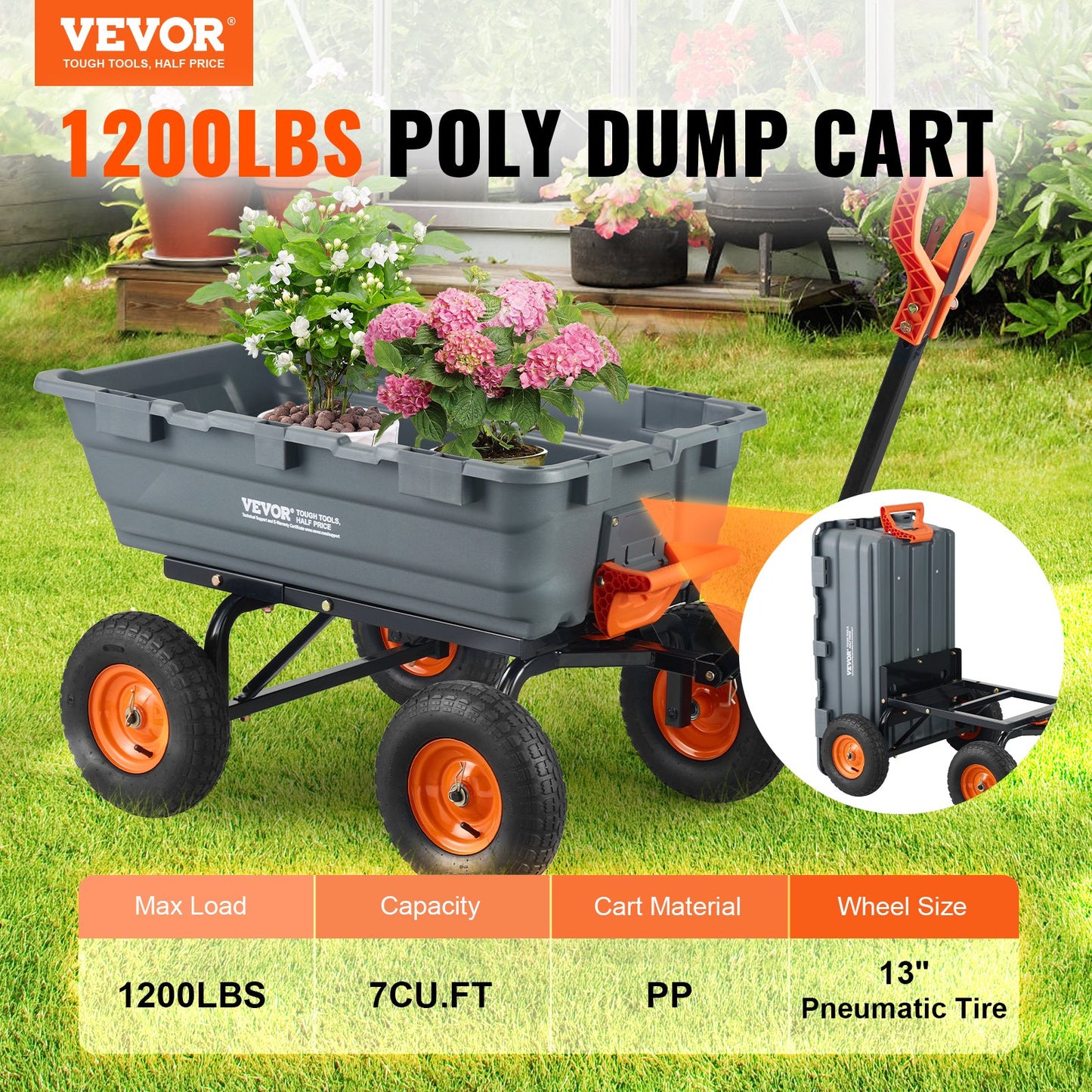 Poly Garden Dump Cart Kraftiga gårdsvagnar och vagnar 6,48 cu.ft 1200 lbs