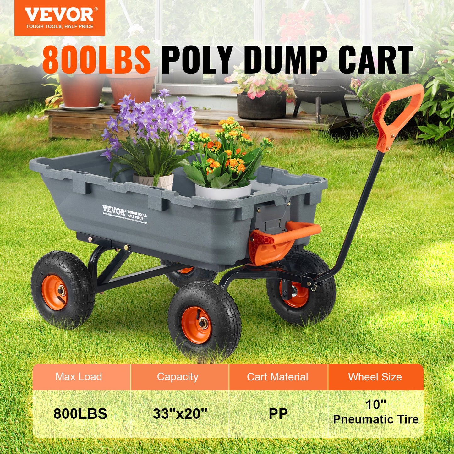 Poly Garden Dump Cart Heavy Duty Farm Carts and Wagons 800 lbs 10" Tires