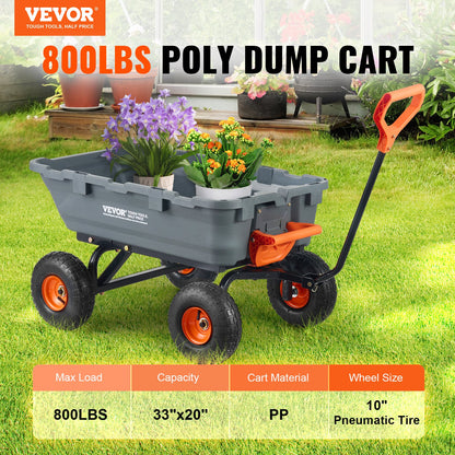 Poly Garden Dump Cart Heavy Duty Farm Carts and Wagons 800 lbs 10" Tires