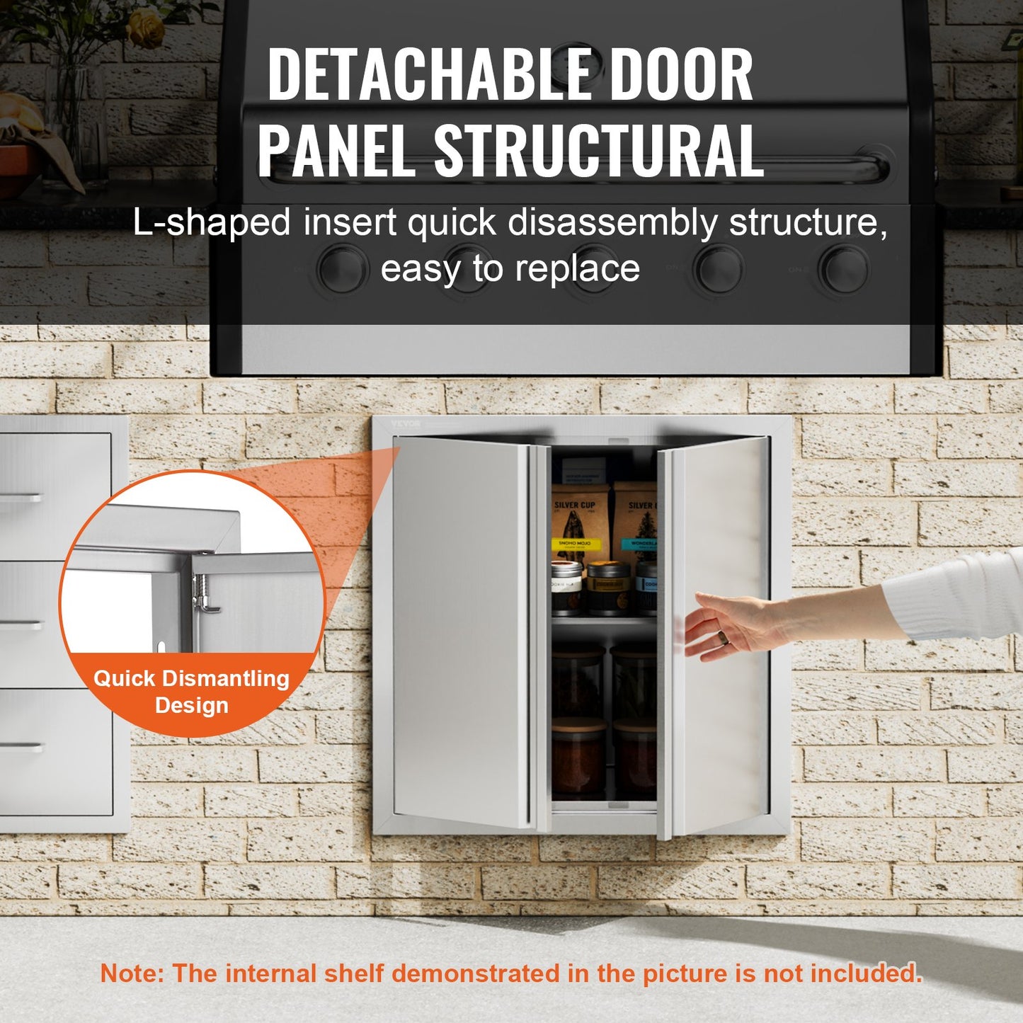 BBQ access door, 610x610 mm double outdoor kitchen door, stainless steel recessed door, vertical wall door with recessed handles, for BBQ Island, grill station, outdoor cabinet